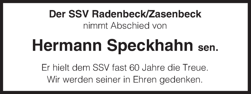  Traueranzeige für Hermann Speckhahn vom 04.07.2015 aus Uelzen