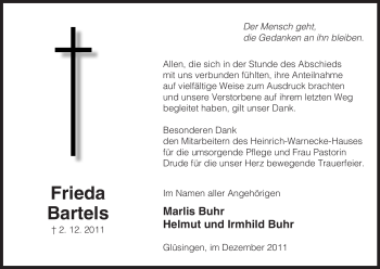 Traueranzeige von Frieda Bartels von ALLGEMEINE ZEITUNG UELZEN