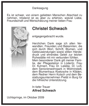 Traueranzeige von Christel Schwach von ALLGEMEINE ZEITUNG UELZEN