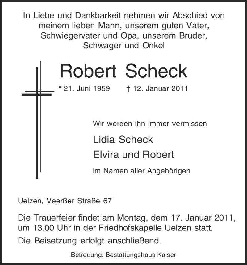  Traueranzeige für Robert Scheck vom 13.01.2011 aus ALLGEMEINE ZEITUNG UELZEN