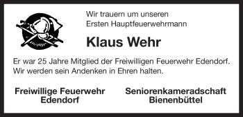 Traueranzeige von Klaus Wehr von ALLGEMEINE ZEITUNG UELZEN