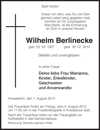 Traueranzeige von Wilhelm Berlinecke von ALLGEMEINE ZEITUNG UELZEN