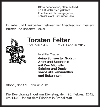 Traueranzeige von Torsten Felter von ALLGEMEINE ZEITUNG UELZEN