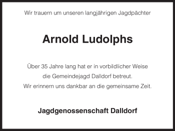 Traueranzeige von Arnold Ludolphs von ALLGEMEINE ZEITUNG UELZEN