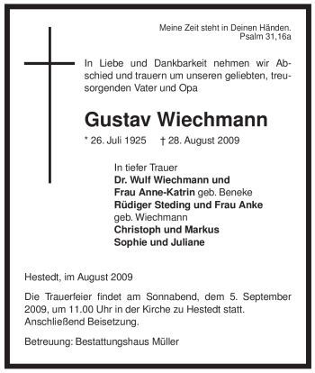 Traueranzeige von Gustav Wiechmann von ALLGEMEINE ZEITUNG UELZEN