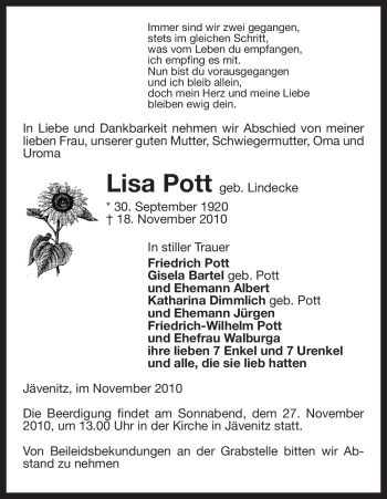Traueranzeige von Lisa Pott von ALLGEMEINE ZEITUNG UELZEN