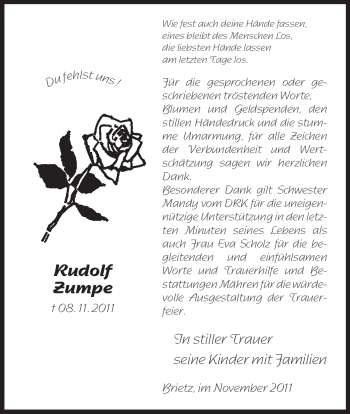 Traueranzeige von Rudolf Zumpe von ALLGEMEINE ZEITUNG UELZEN