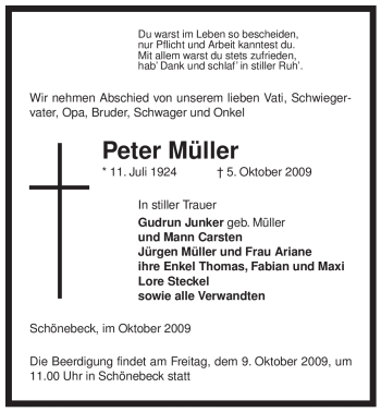 Traueranzeige von Peter Müller von ALLGEMEINE ZEITUNG UELZEN