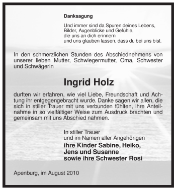 Traueranzeige von Ingrid Holz von ALLGEMEINE ZEITUNG UELZEN