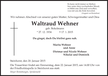 Traueranzeige von Waltraud Wehner von Uelzen