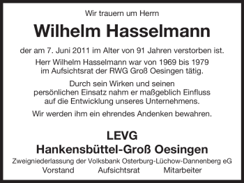 Traueranzeige von Wilhelm Hasselmann von ALLGEMEINE ZEITUNG UELZEN