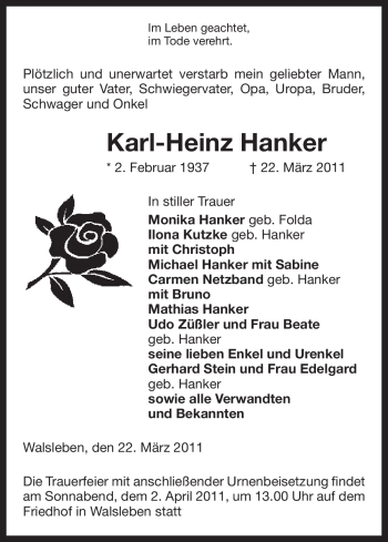 Traueranzeige von Karl-Heinz Hanker von ALLGEMEINE ZEITUNG UELZEN