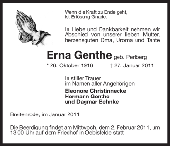 Traueranzeige von Erna Genthe von ALLGEMEINE ZEITUNG UELZEN