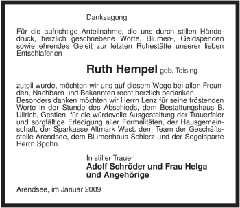 Traueranzeige von Ruth Hempel von ALLGEMEINE ZEITUNG UELZEN