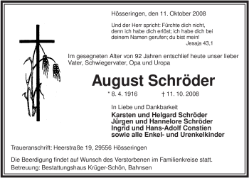 Traueranzeige von August Schröder von ALLGEMEINE ZEITUNG UELZEN