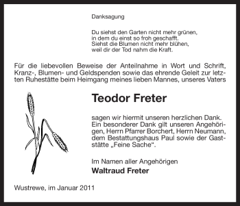 Traueranzeige von Teodor Freter von ALLGEMEINE ZEITUNG UELZEN