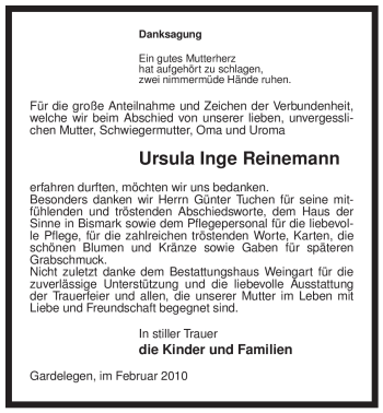 Traueranzeige von Ursula Inge Reinemann von ALLGEMEINE ZEITUNG UELZEN