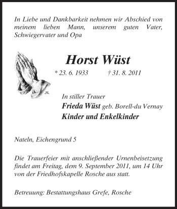 Traueranzeige von Horst Wüst von ALLGEMEINE ZEITUNG UELZEN