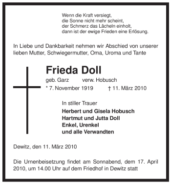 Traueranzeige von Frieda Doll von ALLGEMEINE ZEITUNG UELZEN