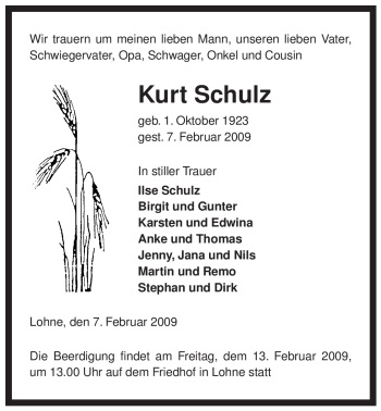 Traueranzeige von Kurt Schulz von ALLGEMEINE ZEITUNG UELZEN