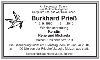Traueranzeige von Burkhard Prieß von ALLGEMEINE ZEITUNG UELZEN