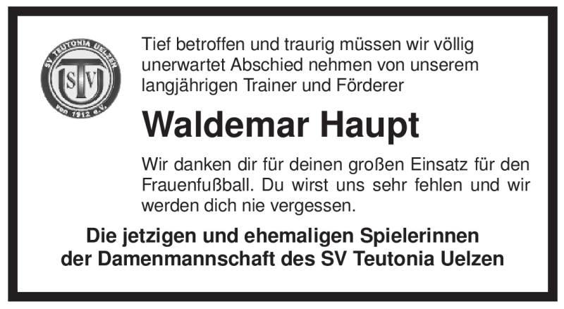  Traueranzeige für Waldemar Haupt vom 31.05.2010 aus ALLGEMEINE ZEITUNG UELZEN