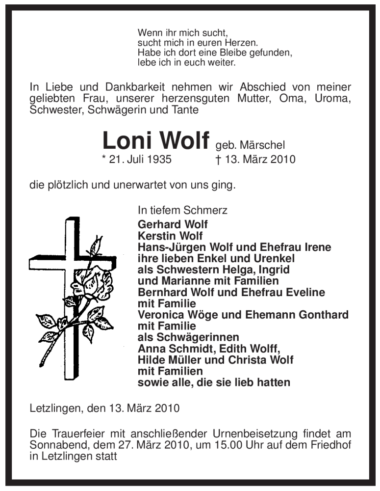  Traueranzeige für Loni Wolf vom 16.03.2010 aus ALLGEMEINE ZEITUNG UELZEN