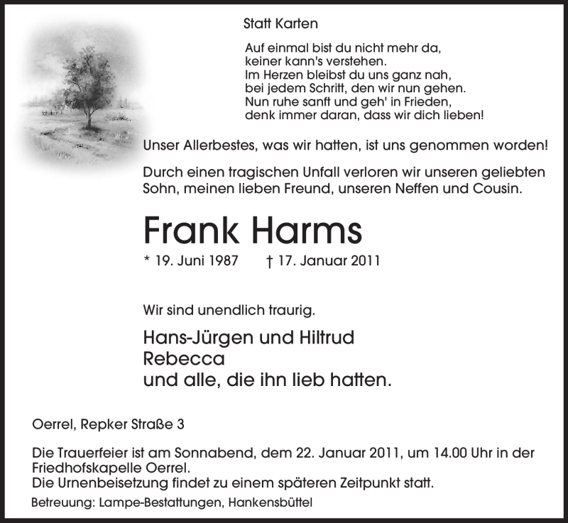  Traueranzeige für Frank Harms vom 20.01.2011 aus ALLGEMEINE ZEITUNG UELZEN