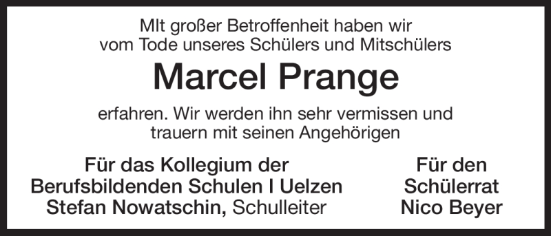  Traueranzeige für Marcel Prange vom 14.06.2011 aus ALLGEMEINE ZEITUNG UELZEN