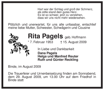 Traueranzeige von Rita Pagels von ALLGEMEINE ZEITUNG UELZEN