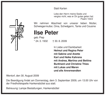 Traueranzeige von Ilse Peter von ALLGEMEINE ZEITUNG UELZEN