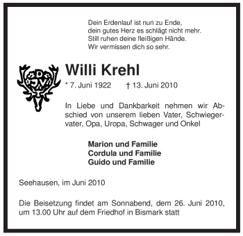 Traueranzeige von Willi Krehl von ALLGEMEINE ZEITUNG UELZEN