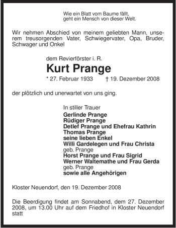 Traueranzeige von Kurt Prange von ALLGEMEINE ZEITUNG UELZEN