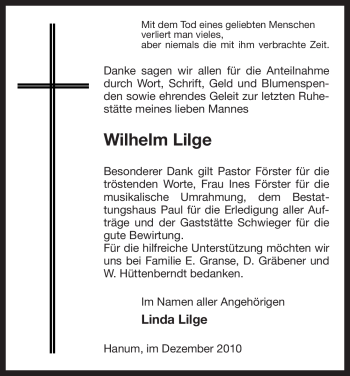 Traueranzeige von Wilhelm Lilge von ALLGEMEINE ZEITUNG UELZEN