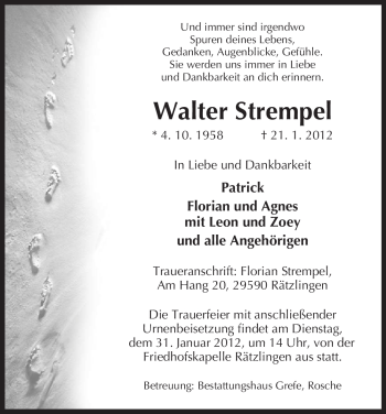 Traueranzeige von Walter Strempel von ALLGEMEINE ZEITUNG UELZEN