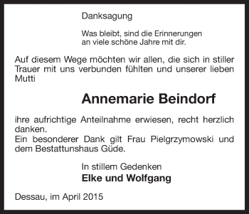 Traueranzeige von Annemarie Beindorf von Uelzen