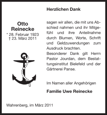 Traueranzeige von Otto Reinecke von ALLGEMEINE ZEITUNG UELZEN