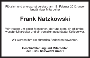 Traueranzeige von Frank Natzkowski von ALLGEMEINE ZEITUNG UELZEN