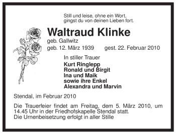 Traueranzeige von Waltraud Klinke von ALLGEMEINE ZEITUNG UELZEN