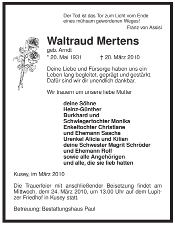 Traueranzeige von Waltraud Mertens von ALLGEMEINE ZEITUNG UELZEN