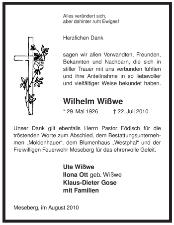 Traueranzeige von Wilhelm Wißwe von ALLGEMEINE ZEITUNG UELZEN