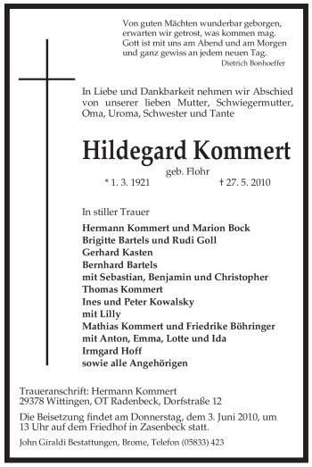 Traueranzeige von Hildegard Kommert von ALLGEMEINE ZEITUNG UELZEN