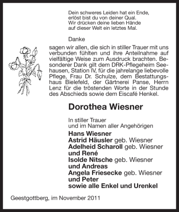 Traueranzeige von Dorothea Wiesner von ALLGEMEINE ZEITUNG UELZEN