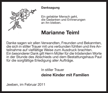 Traueranzeige von Marianne Teiml von ALLGEMEINE ZEITUNG UELZEN