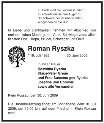 Traueranzeige von Roman Ryszka von ALLGEMEINE ZEITUNG UELZEN