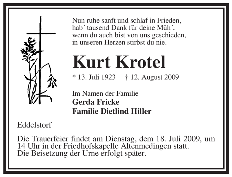  Traueranzeige für Kurt Krotel vom 14.08.2009 aus ALLGEMEINE ZEITUNG UELZEN