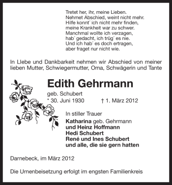 Traueranzeige von Edith Gehrmann von ALLGEMEINE ZEITUNG UELZEN