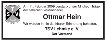 Traueranzeige von Ottmar Hein von ALLGEMEINE ZEITUNG UELZEN