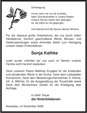 Traueranzeige von Sonja Kathke von ALLGEMEINE ZEITUNG UELZEN