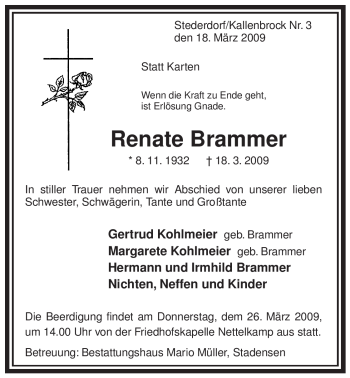 Traueranzeige von Renate Brammer von ALLGEMEINE ZEITUNG UELZEN